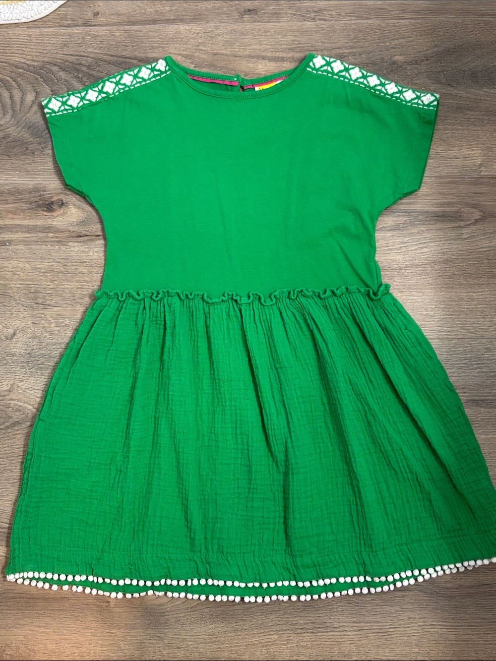 Mini Boden Emerald Green Pom-Trim Short Sleeve Dress